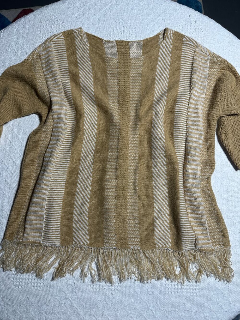 Chico's Tan Cream Striped Fringe Pullover Sweater Boho M